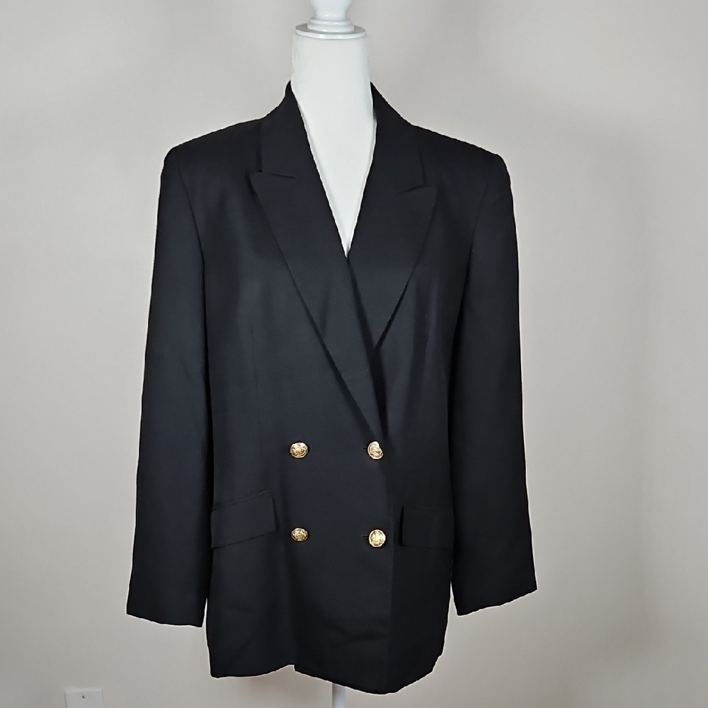 Talbots Blazer VTG SZ12 Double Breasted Black Linen Blend Preppy Career